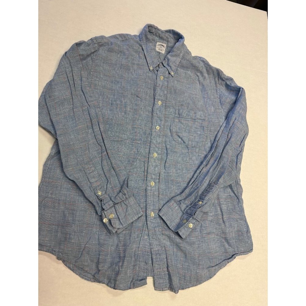 BROOKS BROTHERS Linen Blue Plaid Button Up Size XL slim fit